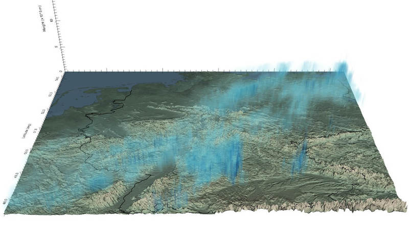 Наложение высоты облаков и осадков над территориями выпадания. Иллюстрация: TechCrunch